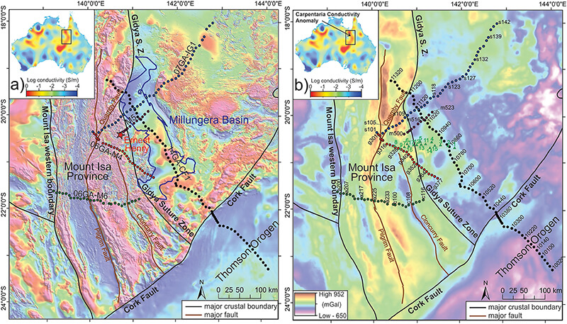 Image of Magnetotelluric surveys in the Mount Isa region overlain on (a) the total magnetic intensity anomaly map of Australia and (b) Bouguer gravity anomaly map